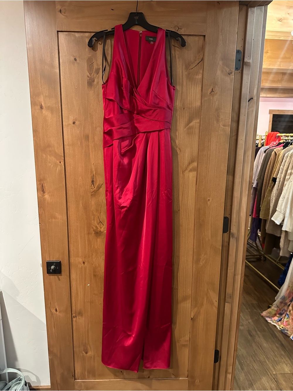 Theia Red Sleeveless V-Neck Maxi Gown